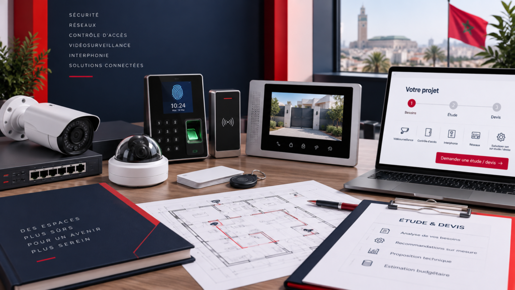Étude et devis pour solutions de sécurité électronique, vidéosurveillance, contrôle d’accès, réseau et domotique au Maroc