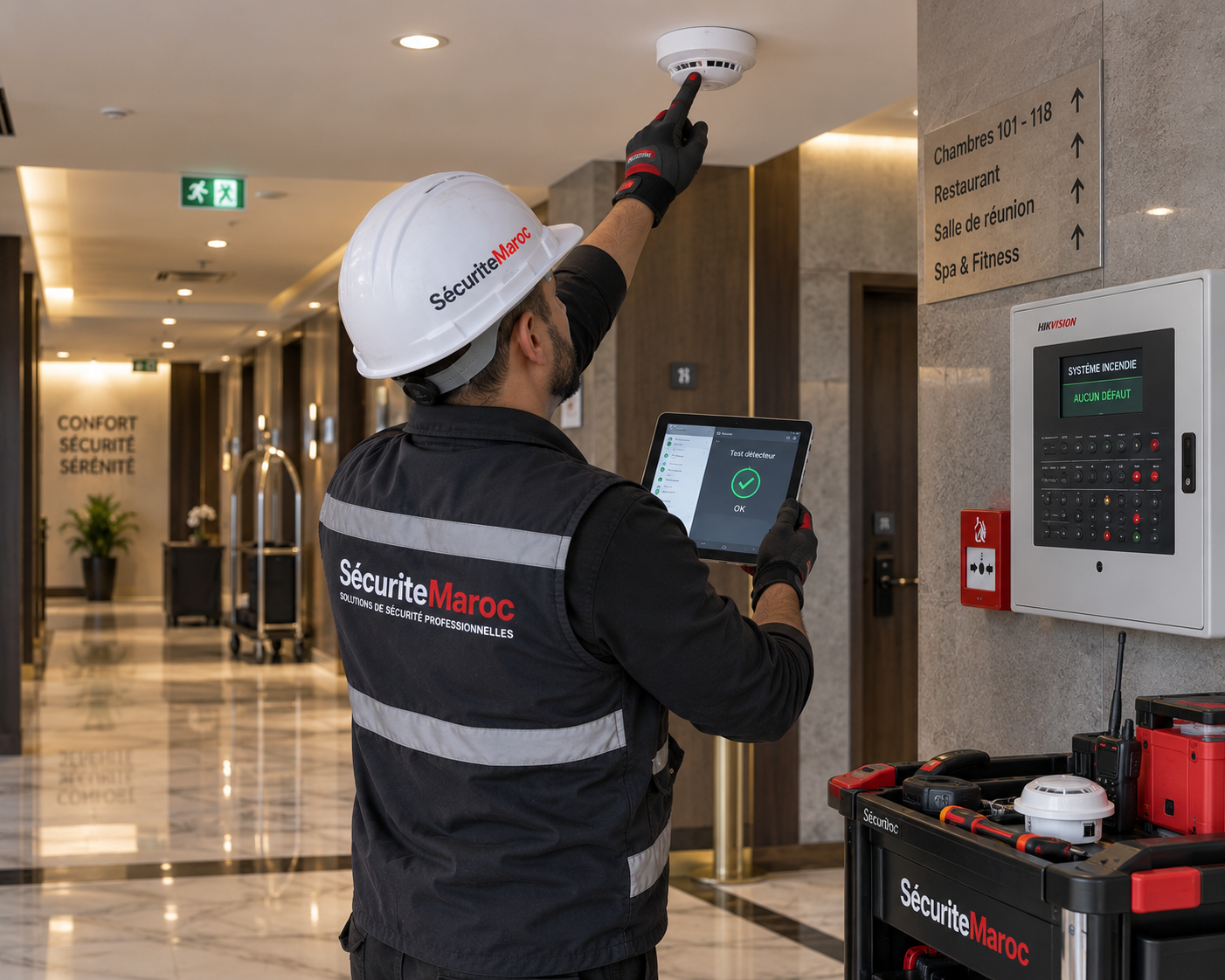 Technicien installant un système de détection incendie dans un bâtiment professionnel au Maroc