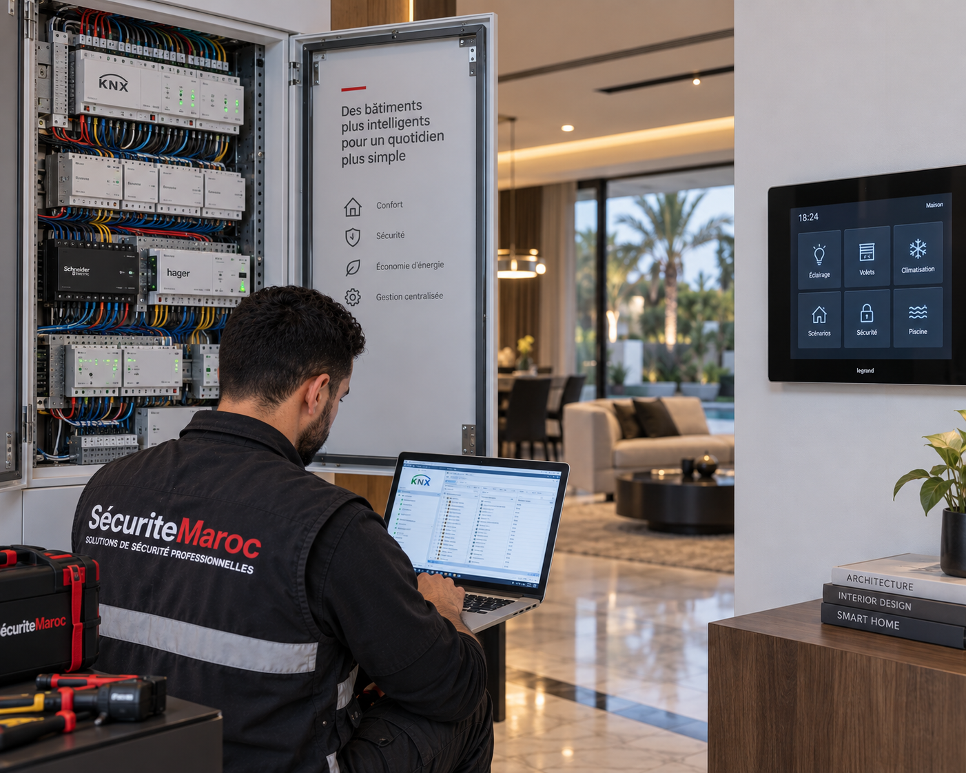 Technicien configurant un système domotique professionnel dans un bâtiment au Maroc