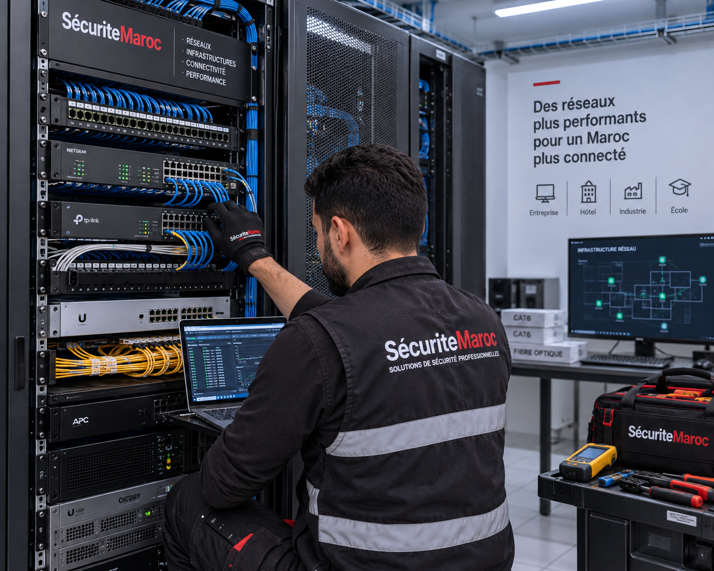 Technicien configurant une baie réseau professionnelle dans une entreprise au Maroc