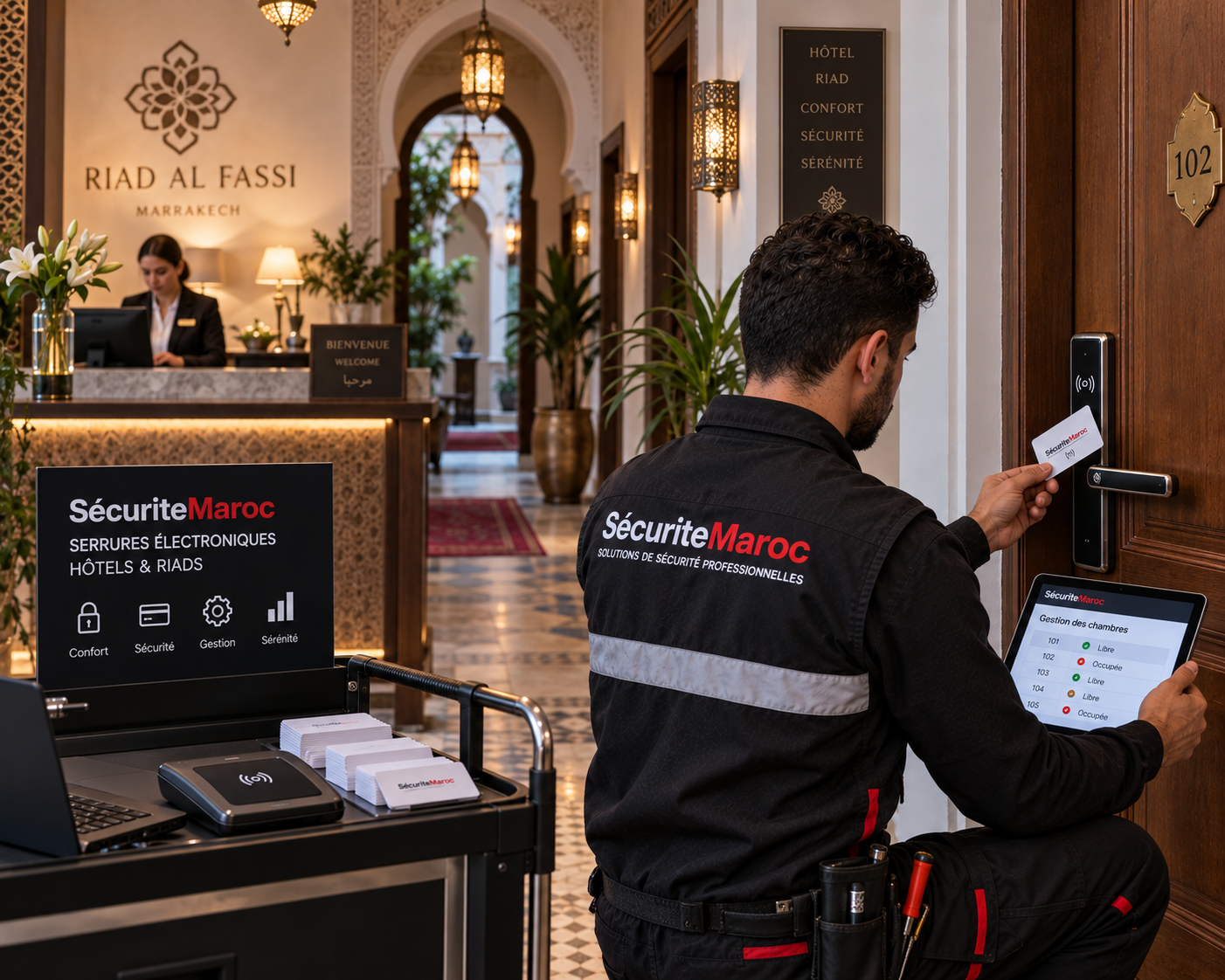 Technicien installant une serrure électronique sur une porte de chambre d’hôtel au Maroc
