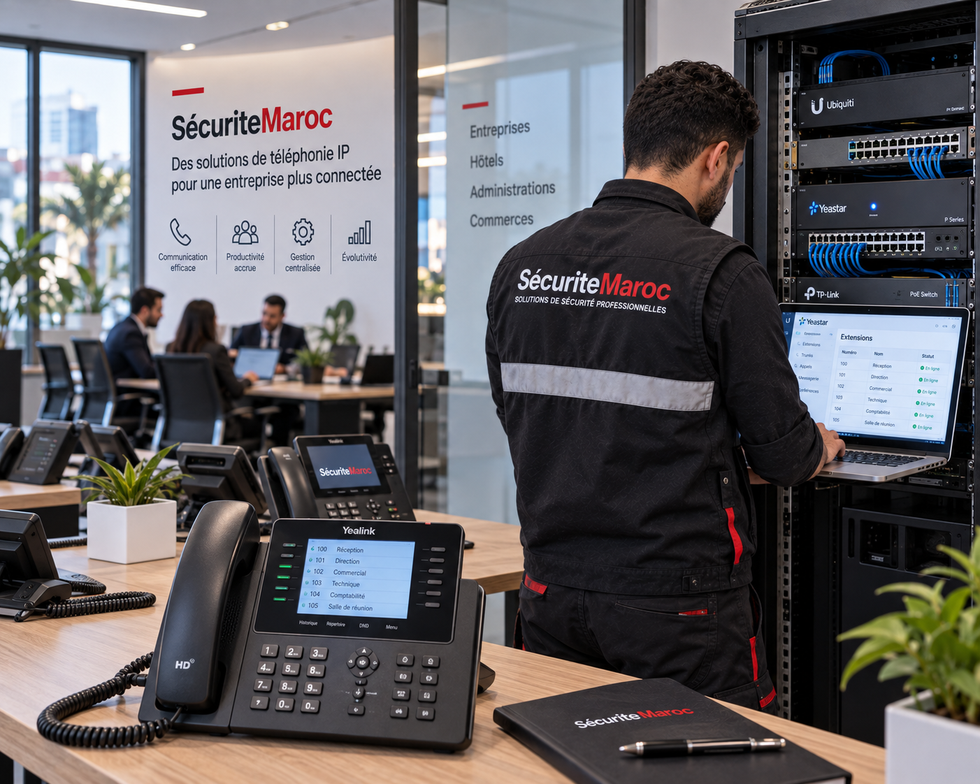 Technicien configurant un système de téléphonie IP professionnel dans une entreprise au Maroc