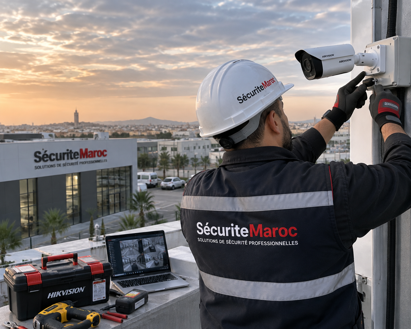 Technicien installant une caméra de vidéosurveillance professionnelle au Maroc