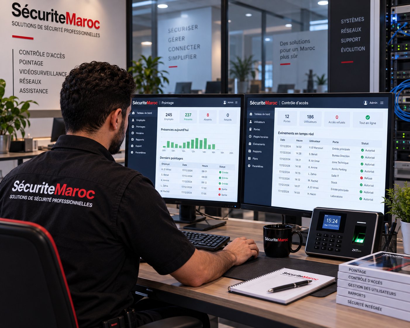 Technicien configurant un logiciel de pointage et contrôle d’accès dans une entreprise au Maroc